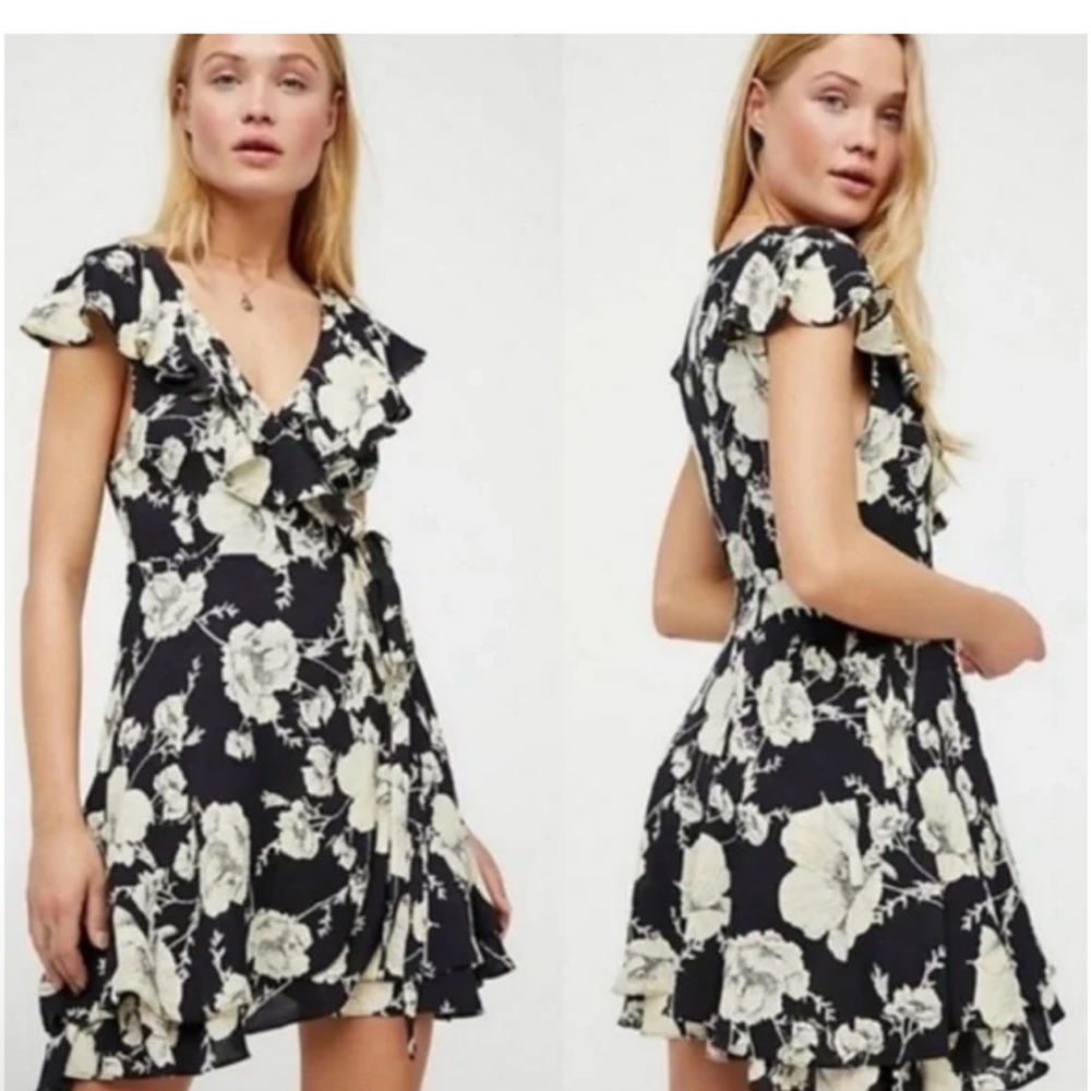 Free People French Quarter Black & Ivory Floral Ruffle Wrap Mini Dress Size XS